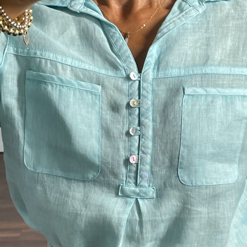 Project Brand 100% Blue Linen Half Button Shirt XS - Picture 7 of 11